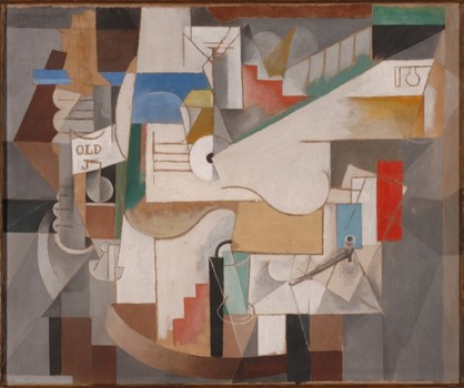 At MoMA: Picasso's visual odes to the guitar (and collage and Cubist sculpture). In this image, his 1912 painting 'Bottle, Guitar and Pipe.'